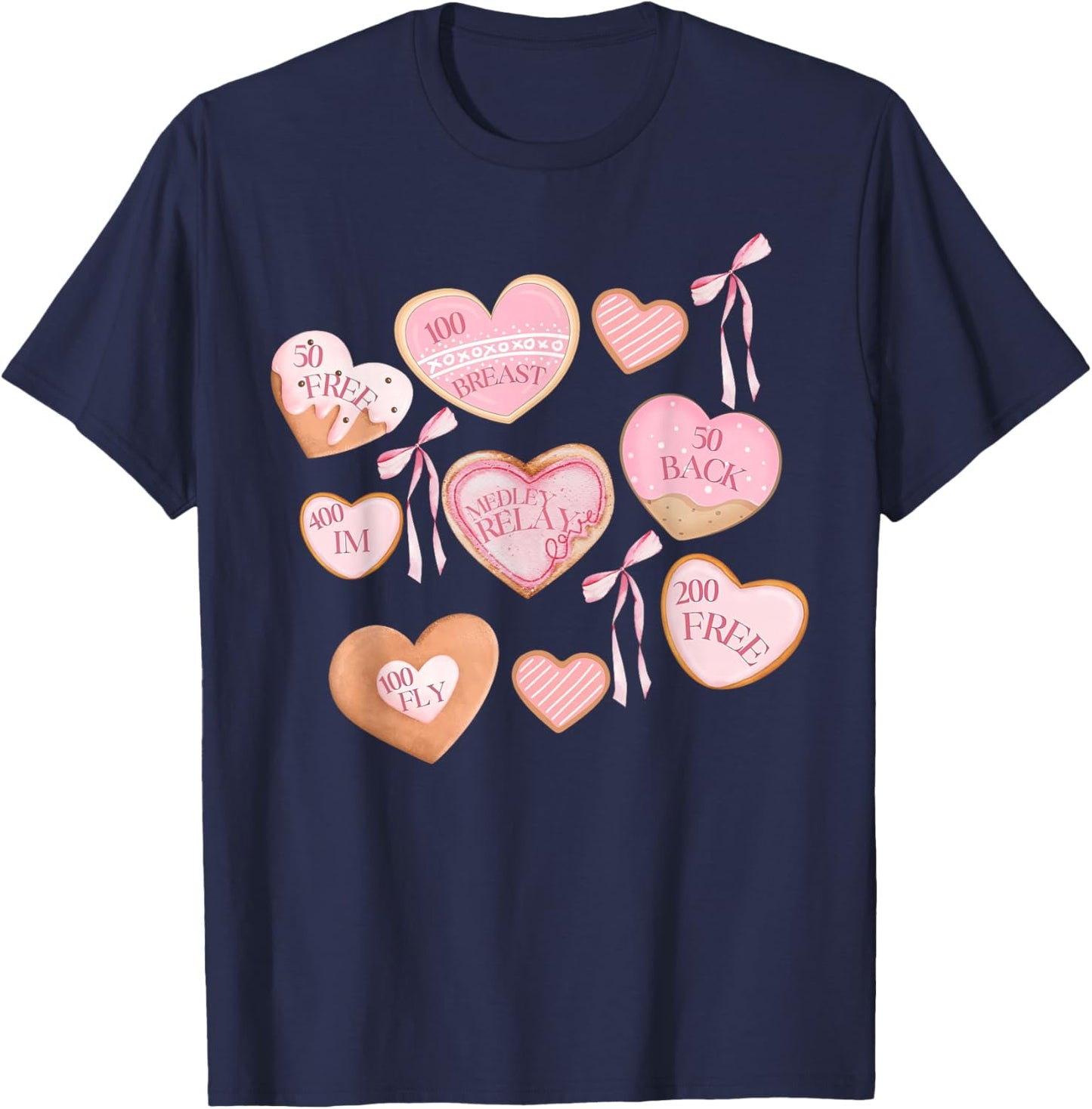 Cookie Valentines Bow Swimmer Swim Mom Coach Sports Game Day T-Shirt - T-Shirt | Navy