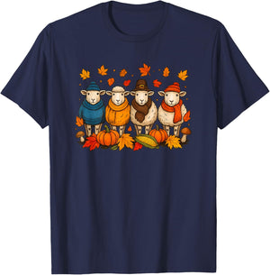 Group Sheeps Thanksgiving Fall Leaves Pumpkins Farmer T-Shirt - T-Shirt | Navy