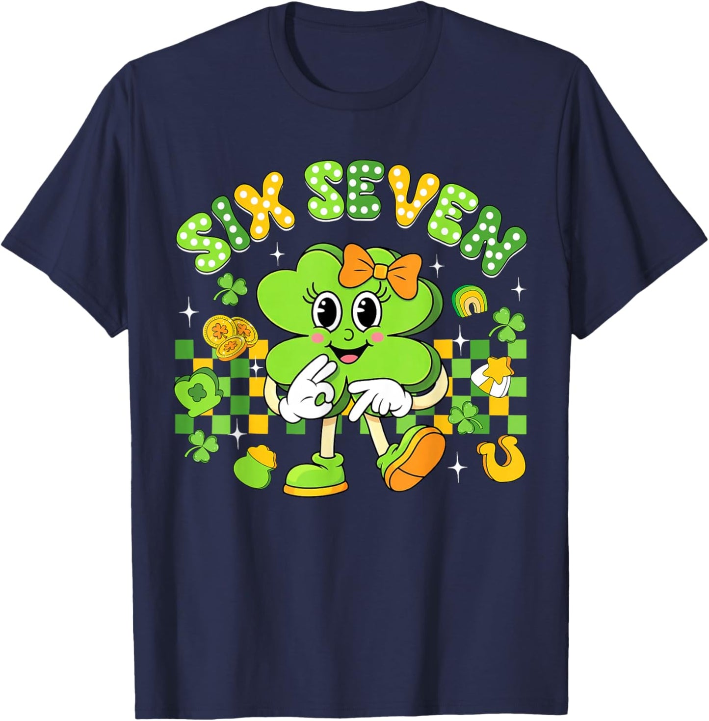 Funny Meme 6 7 St Patricks Day Six Seven Shamrock Girls Kids T-Shirt - T-Shirt | Navy