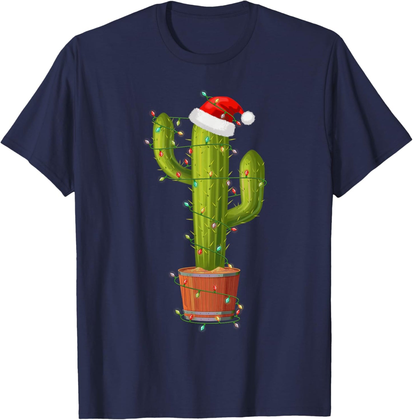 Funny Cactus Santa Hat Xmas Tree Lights Merry Christmas PJS T-Shirt - T-Shirt | Navy