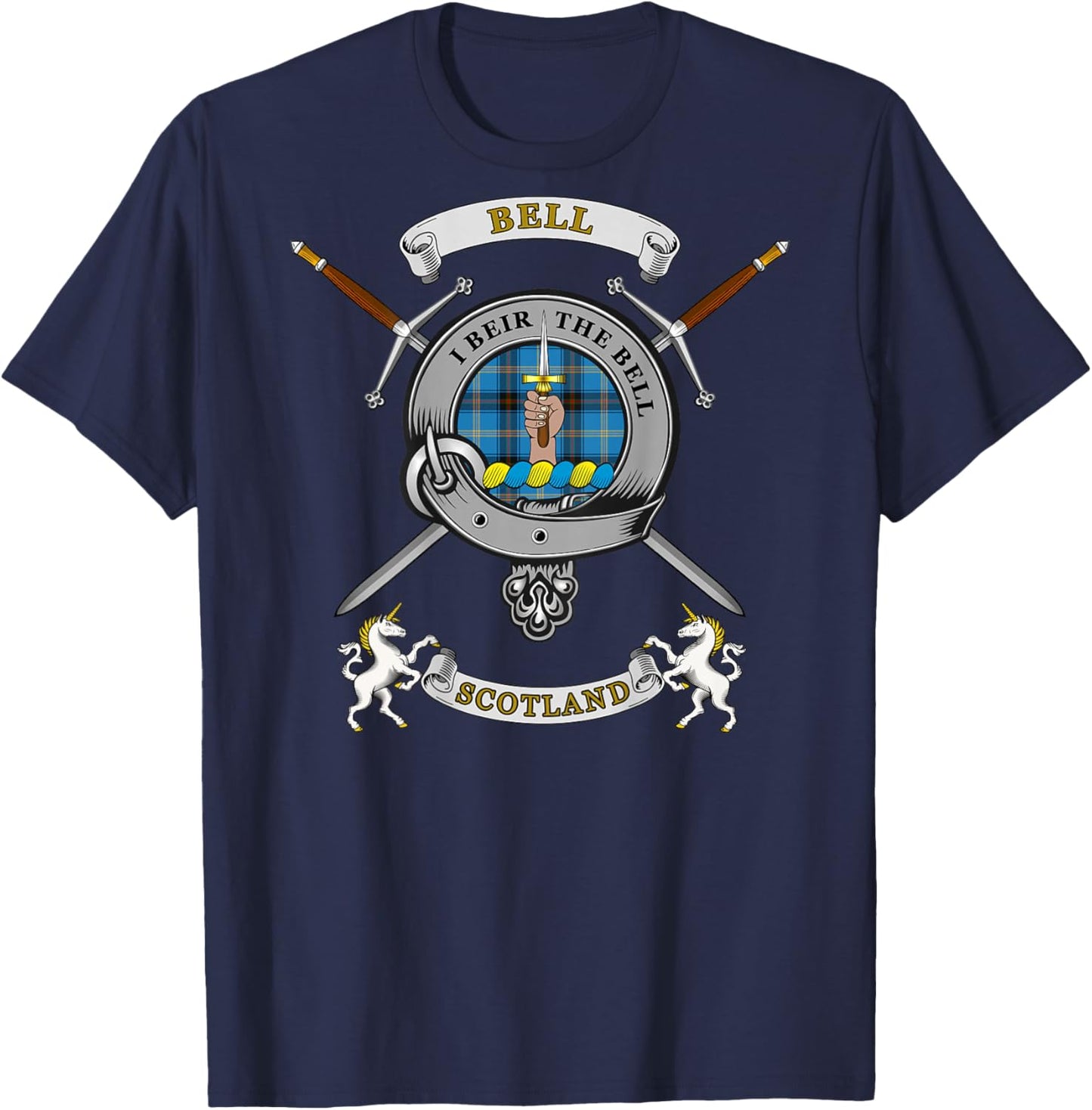 Bell Scottish Clan Badge Tartan & Swords (Back) T-Shirt - T-Shirt | Navy