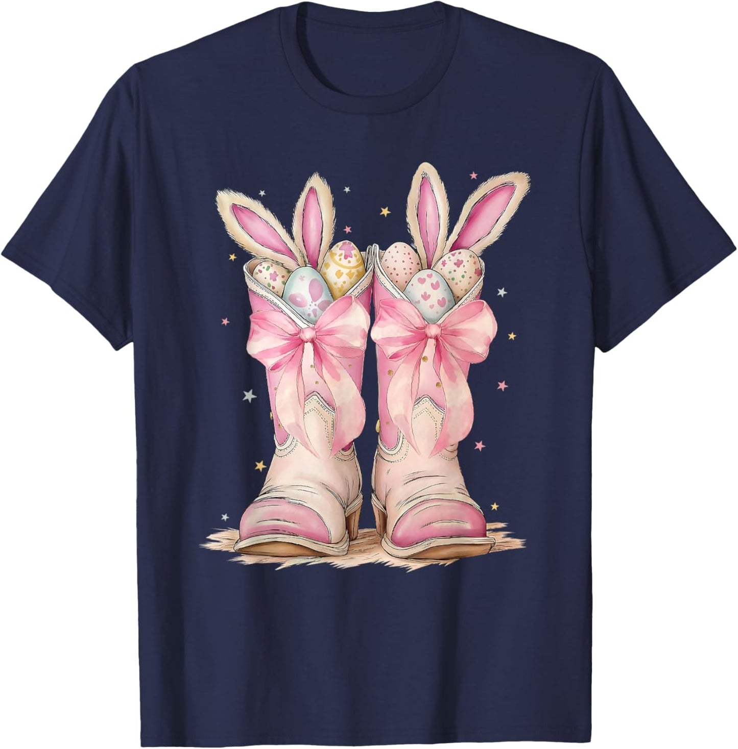 Boots Coquette Bow Bunny Rabbit Eggs Easter Cowboy Western T-Shirt - T-Shirt | Navy