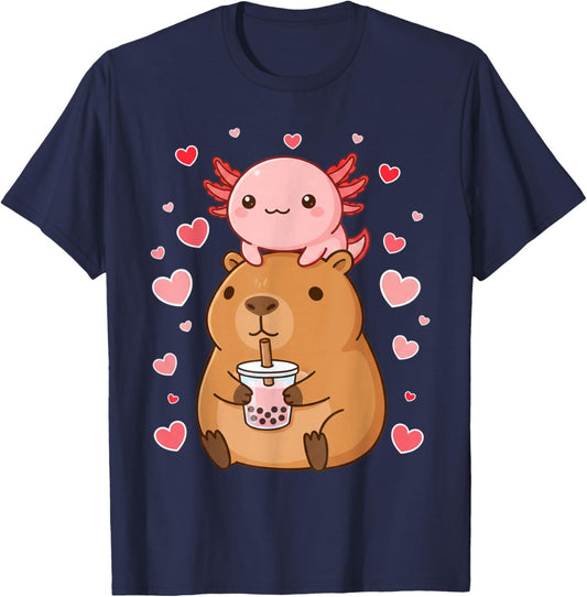 Cute Kawaii Axolotl Capybara Bubble Tea Boys Girls Valentine T-Shirt - T-Shirt | Navy