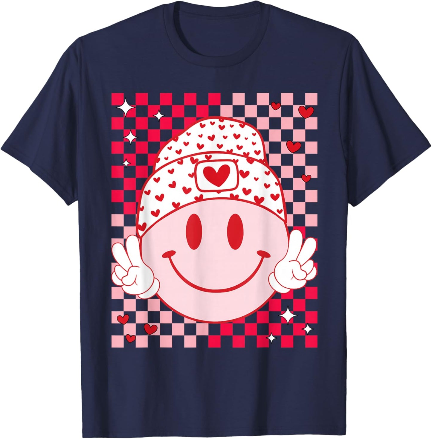 Groovy Valentine Vibes Cute Heart Happy Valentines Men Women T-Shirt - T-Shirt | Navy