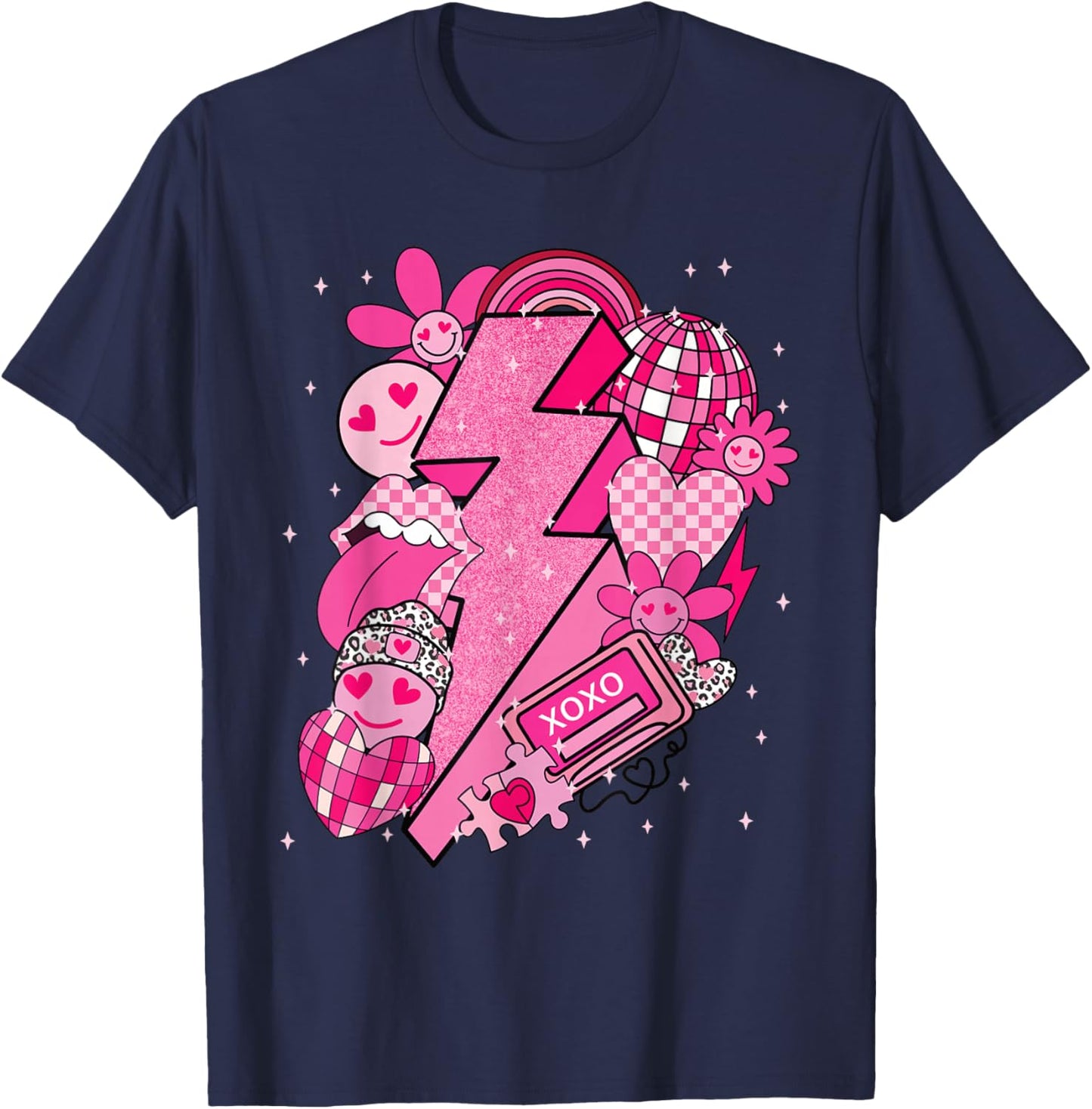 Valentine Love Lightning Bolt Disco Hearts Y2K Retro Graphic T-Shirt - T-Shirt | Navy