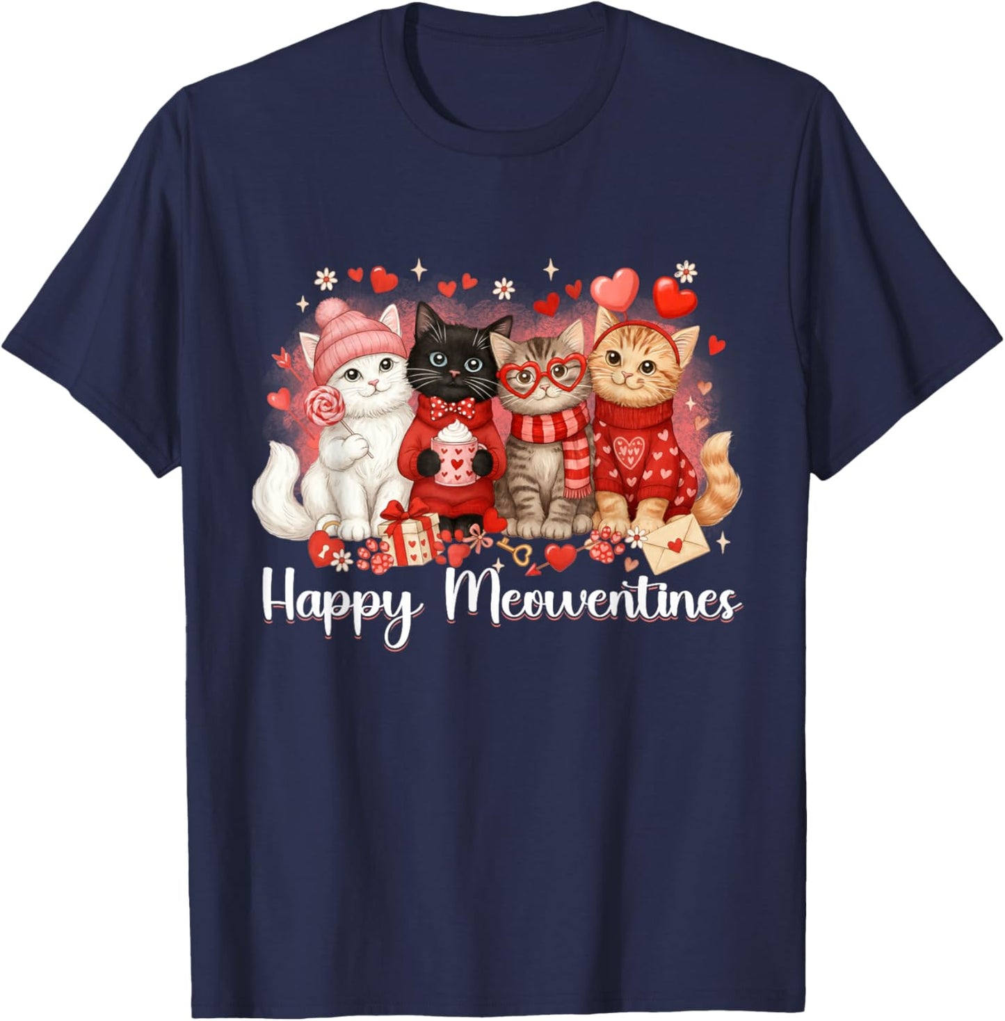 Cute Valentine Cat Lovers Happy Meowentines Girls Women Kid T-Shirt - T-Shirt | Navy