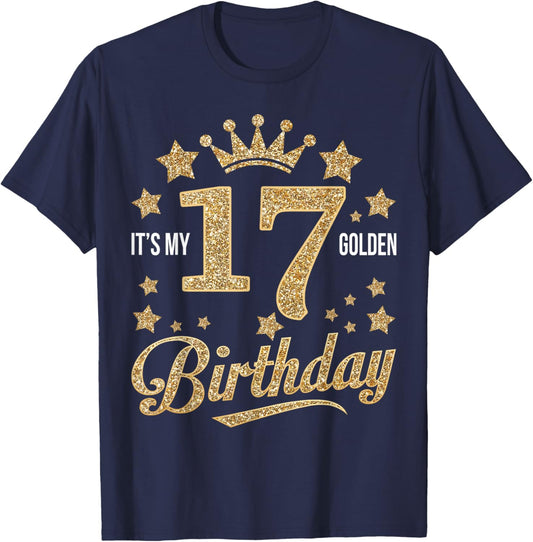 It's My 17th Golden Birthday 17 Year Old Bday Groovy T-Shirt - T-Shirt | Navy