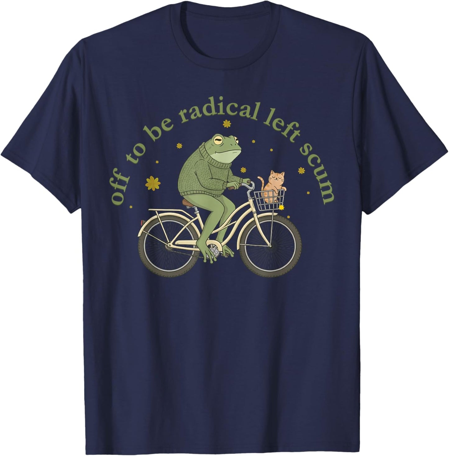 Off to Be Radical Left Scum Funny Frog and Cat on Bicycle T-Shirt - T-Shirt | Navy