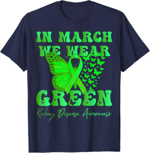 in March We Wear Green Kidney Disease Awareness Butterfly T-Shirt - T-Shirt | Navy