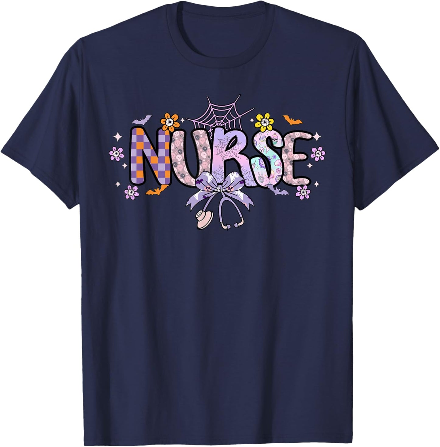 Halloween Nurse Spooky Season Groovy Cute Women T-Shirt - T-Shirt | Navy