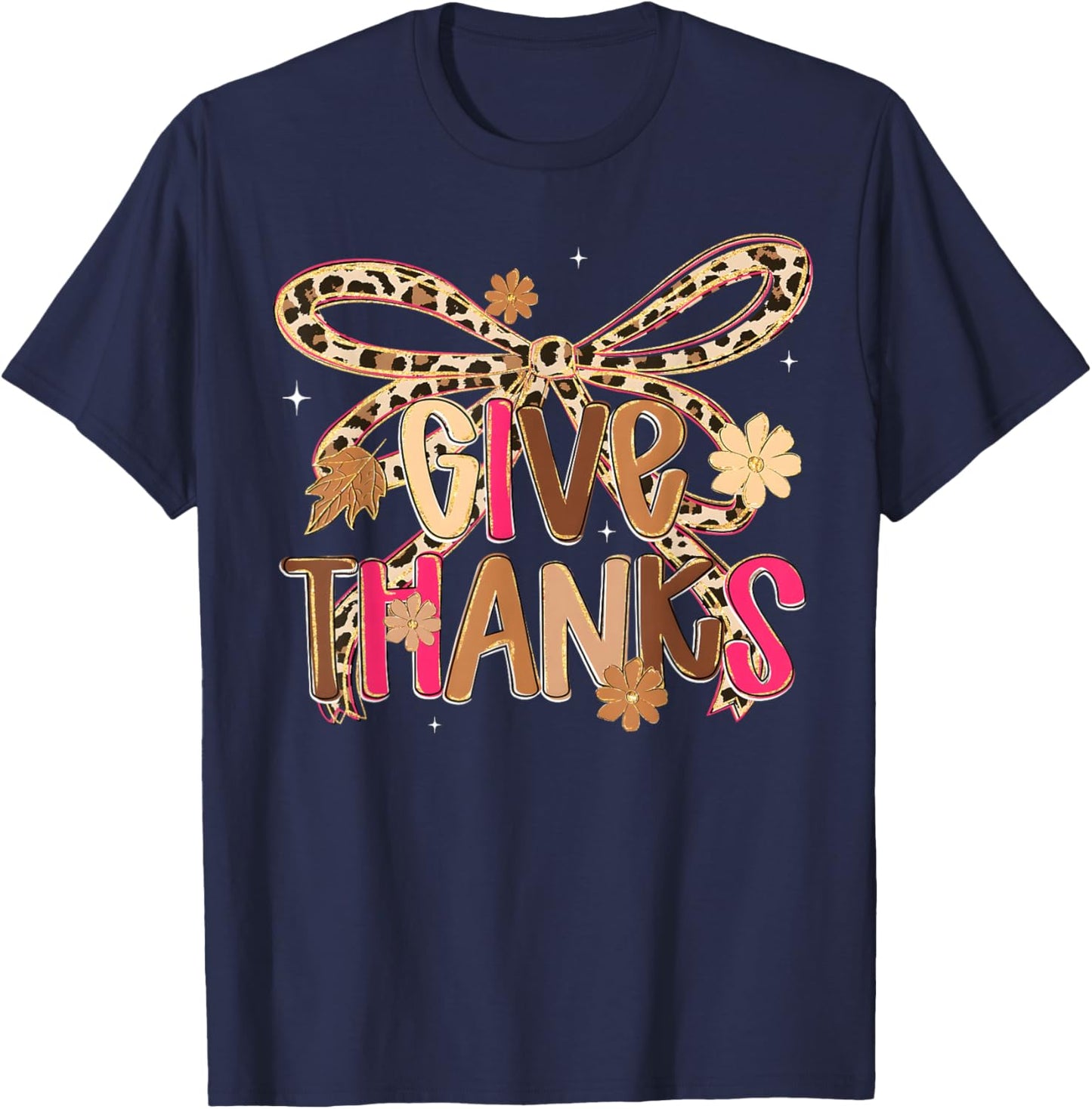 Coquette Bow Leopard Give Thanks Fall Thanksgiving Women T-Shirt - T-Shirt | Navy