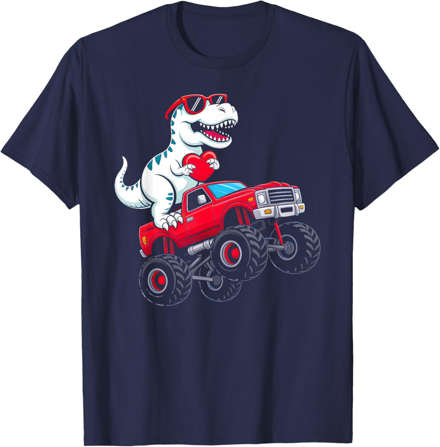 Valentines Day Dinosaur T Rex Riding Truck Toddler Boys Kids T-Shirt - T-Shirt | Navy