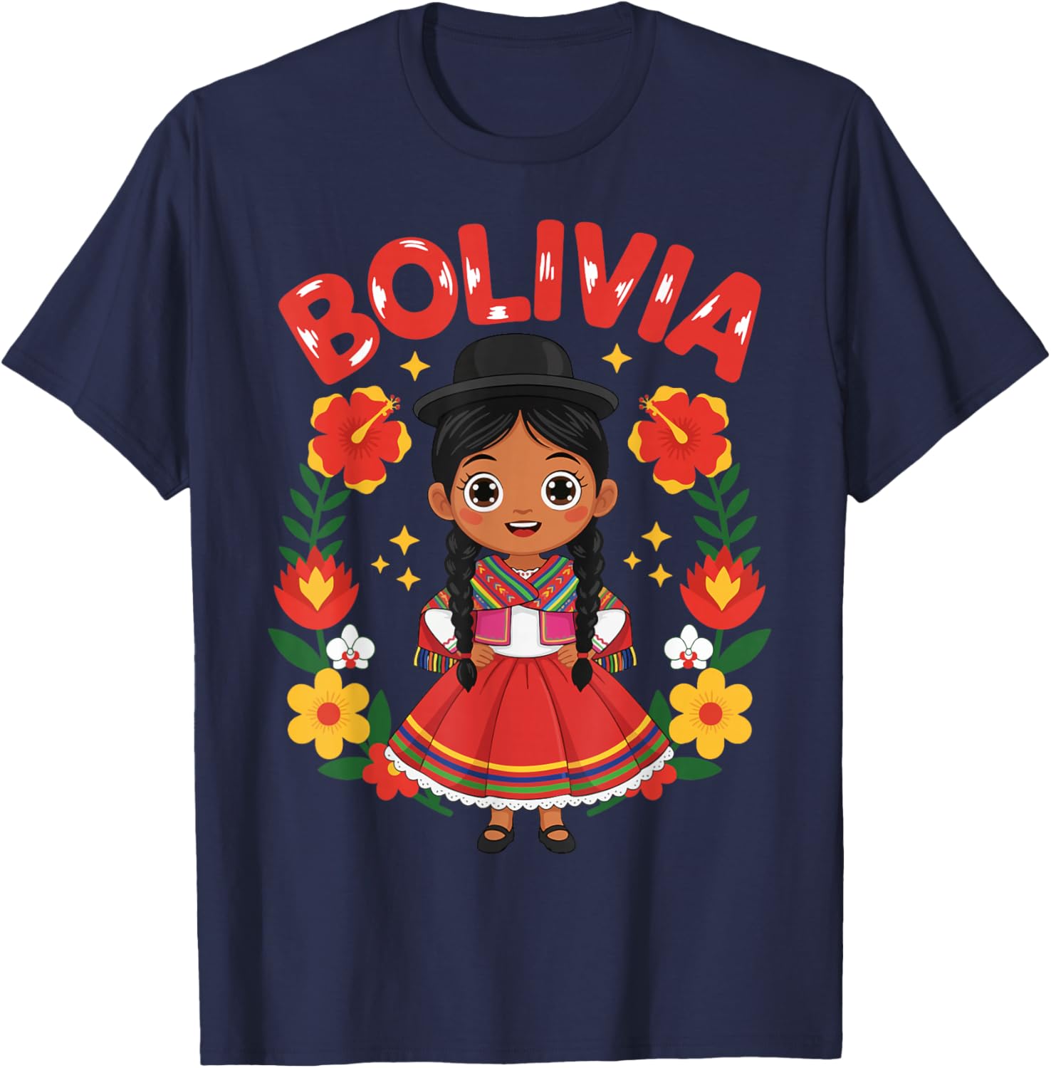 Bolivia Bolivian Girl Traditional Dress Flowers Heritage T-Shirt - T-Shirt | Navy