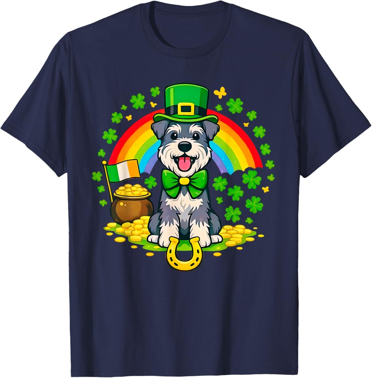 Lucky Miniature Schnauzer St Patrick’s Day Rainbow Shamrock T-Shirt - T-Shirt | Navy