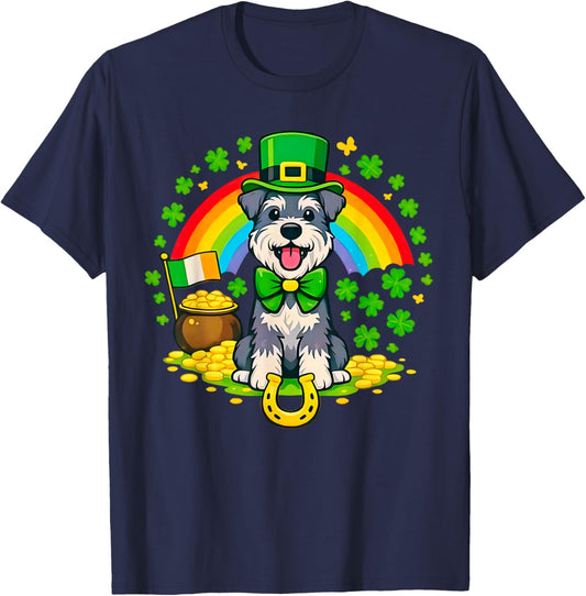 Lucky Miniature Schnauzer St Patrick’s Day Rainbow Shamrock T-Shirt - T-Shirt | Navy