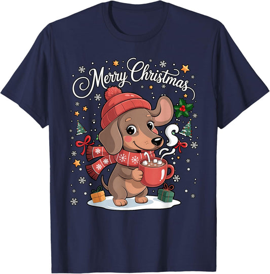 Cute Dachshund Dog Drink Hot Cocoa Christmas Xmas Women Men T-Shirt - T-Shirt | Navy