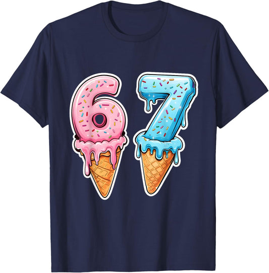 Six Seven 67 Ice Cream Drip Sports Cool Meme Funny Number T-Shirt - T-Shirt | Navy