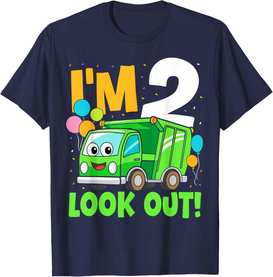 2nd Birthday I'm 2 Look Out Garbage Truck Bday Boys T-Shirt - T-Shirt | Navy