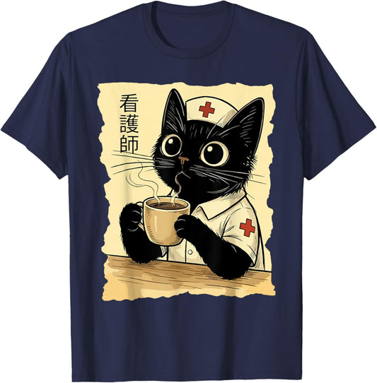 Nurse Japanese Cat T-Shirt - T-Shirt | Navy