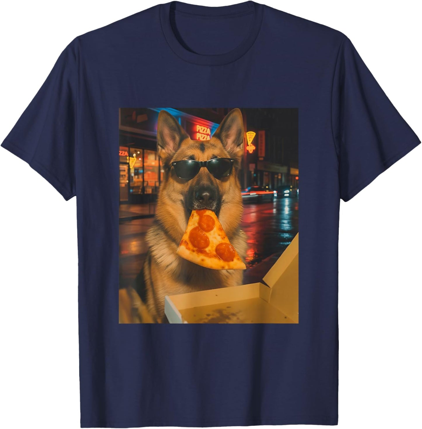 Funny Cool German Shepherd with Pizza Slice Meme Food Lover T-Shirt - T-Shirt | Navy