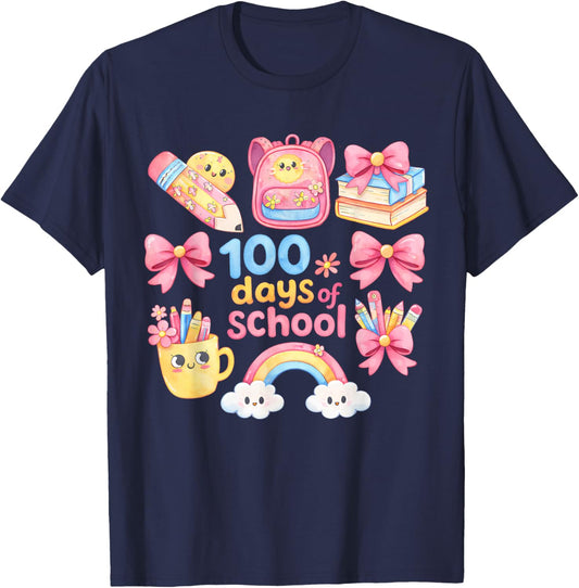 100 Days of School Girls Cute Bow 100th Day of School Kids T-Shirt - T-Shirt | Navy