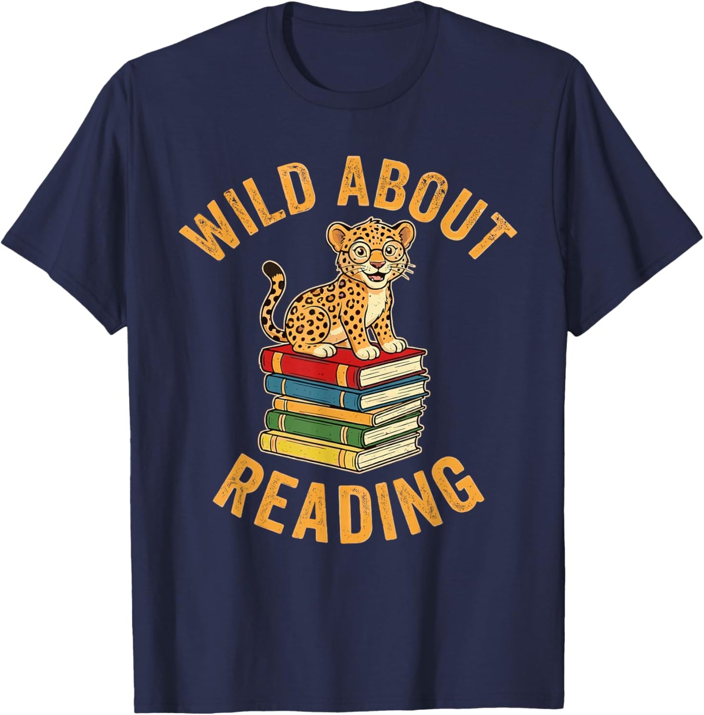 Wild About Reading Cute Leopard Teacher Kids Book Lover T-Shirt - T-Shirt | Navy