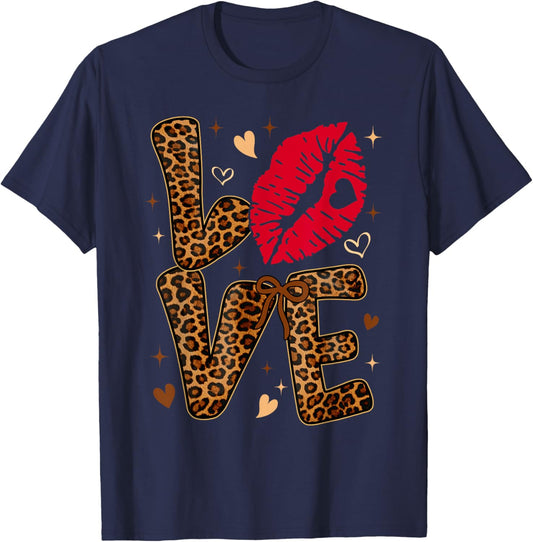 Valentine Leopard Print Love Red Lips Word Letter Girl Women T-Shirt - T-Shirt | Navy