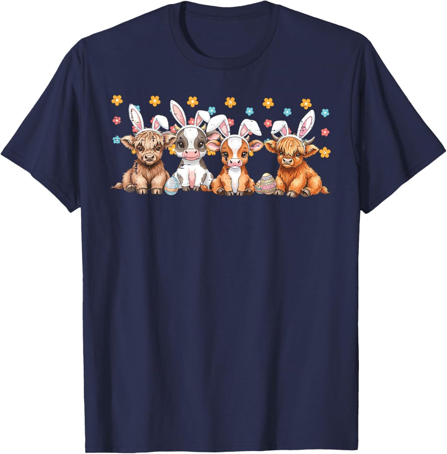 Easter Cow Calves Bunny Ears Cute Farm Animal Kids Women Men T-Shirt - T-Shirt | Navy