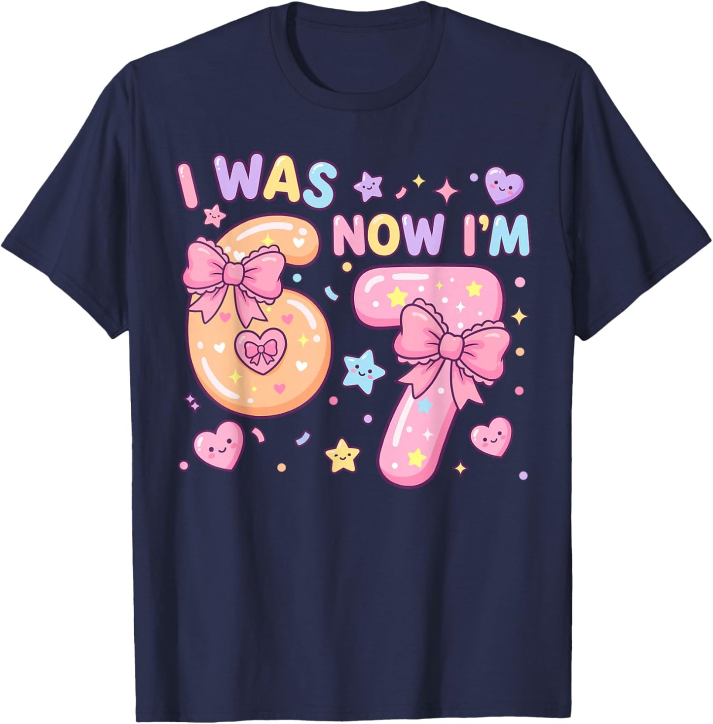 I was 6 Now I'm 7 Birthday Coquette Bow Cute Birthday Girl T-Shirt - T-Shirt | Navy