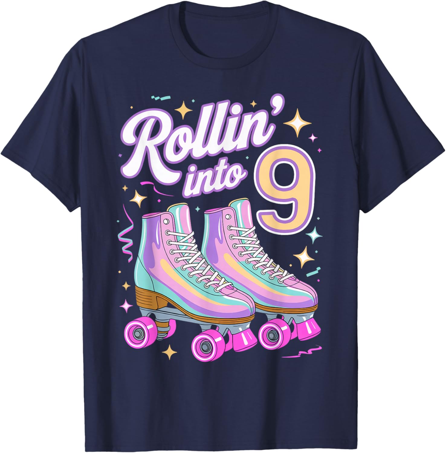 Rollin' Into 9 Roller Skating 9th Birthday Roller Skater T-Shirt - T-Shirt | Navy