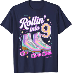 Rollin' Into 9 Roller Skating 9th Birthday Roller Skater T-Shirt - T-Shirt | Navy