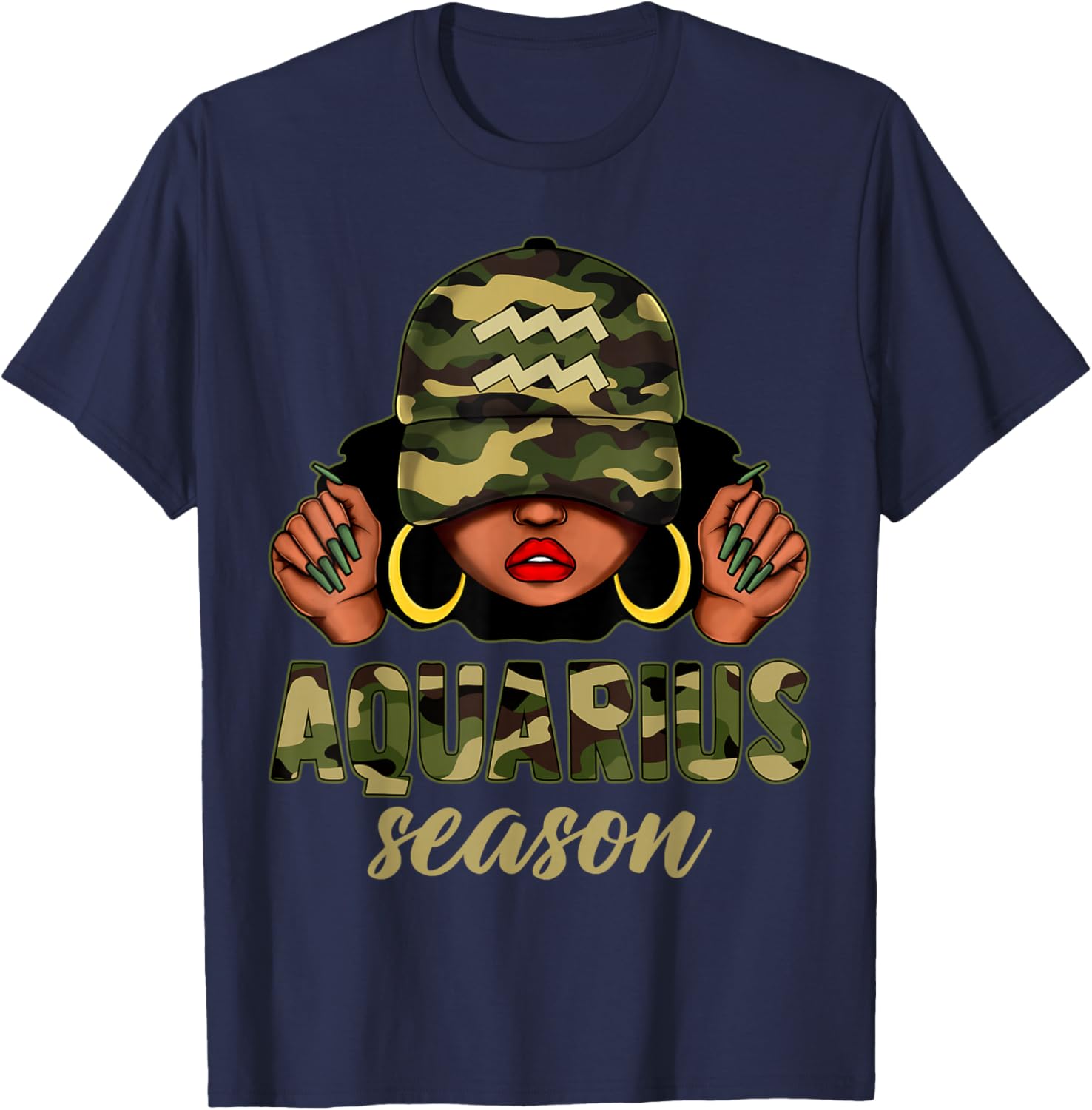 Aquarius Season Black Woman Camo Hat Afro Girl Zodiac T-Shirt - T-Shirt | Navy