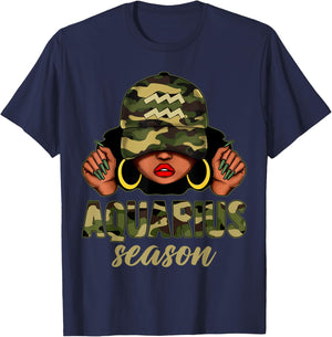 Aquarius Season Black Woman Camo Hat Afro Girl Zodiac T-Shirt - T-Shirt | Navy