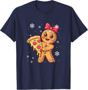 Gingerbread Holding Pizza As Christmas Tree Baker Baking T-Shirt - T-Shirt | Navy