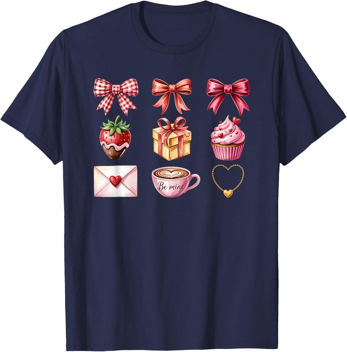 Valentine Croquette Aesthetic Bow Ribbon Strawberry Cupcake T-Shirt - T-Shirt | Navy