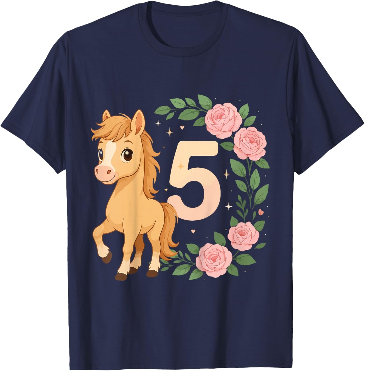 5th Birthday Girl Pony Horse Flowers 5 Years Old T-Shirt - T-Shirt | Navy