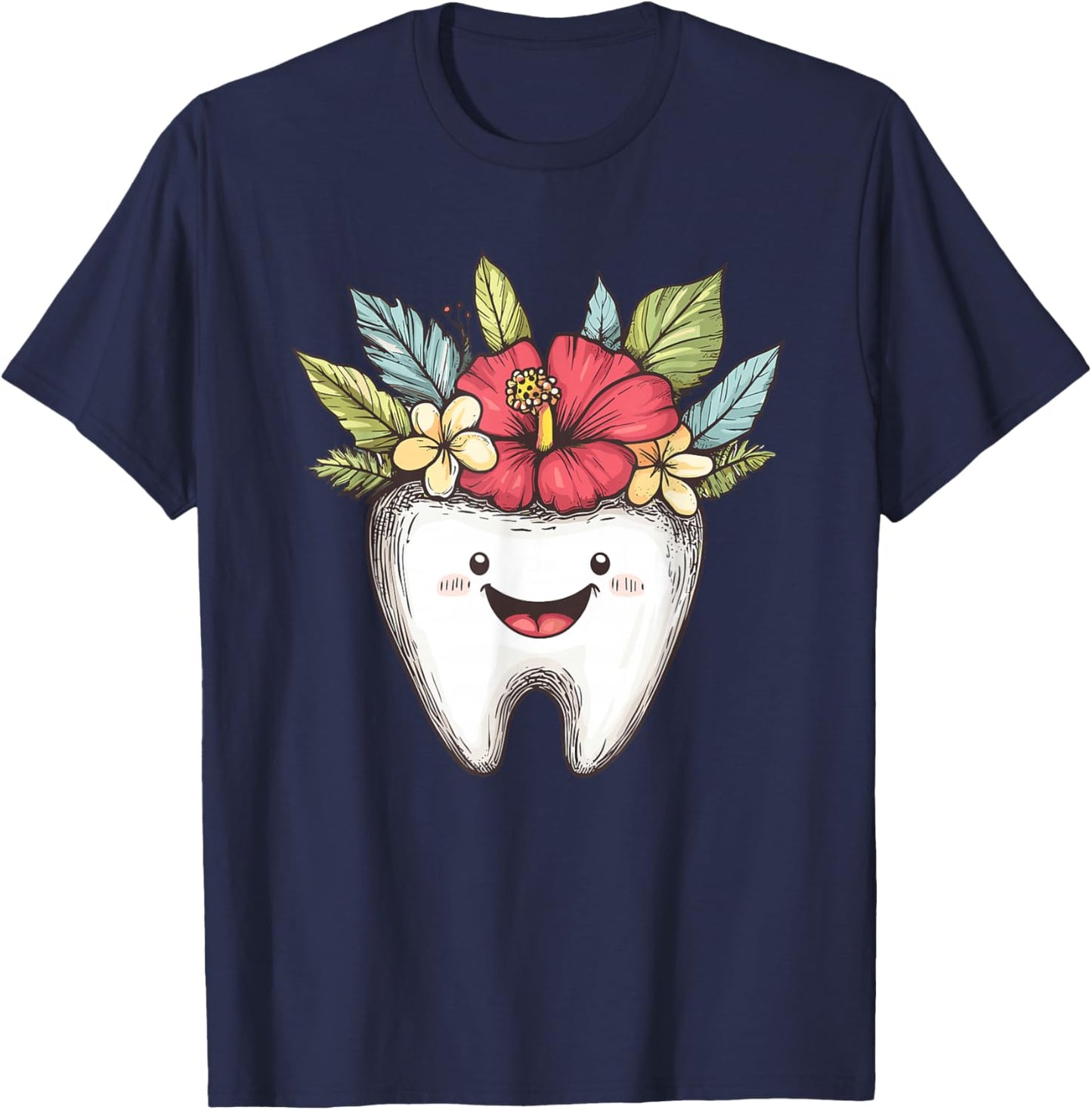 Kawaii Tooth with Tropical Flowers for Dentists T-Shirt - T-Shirt | Navy