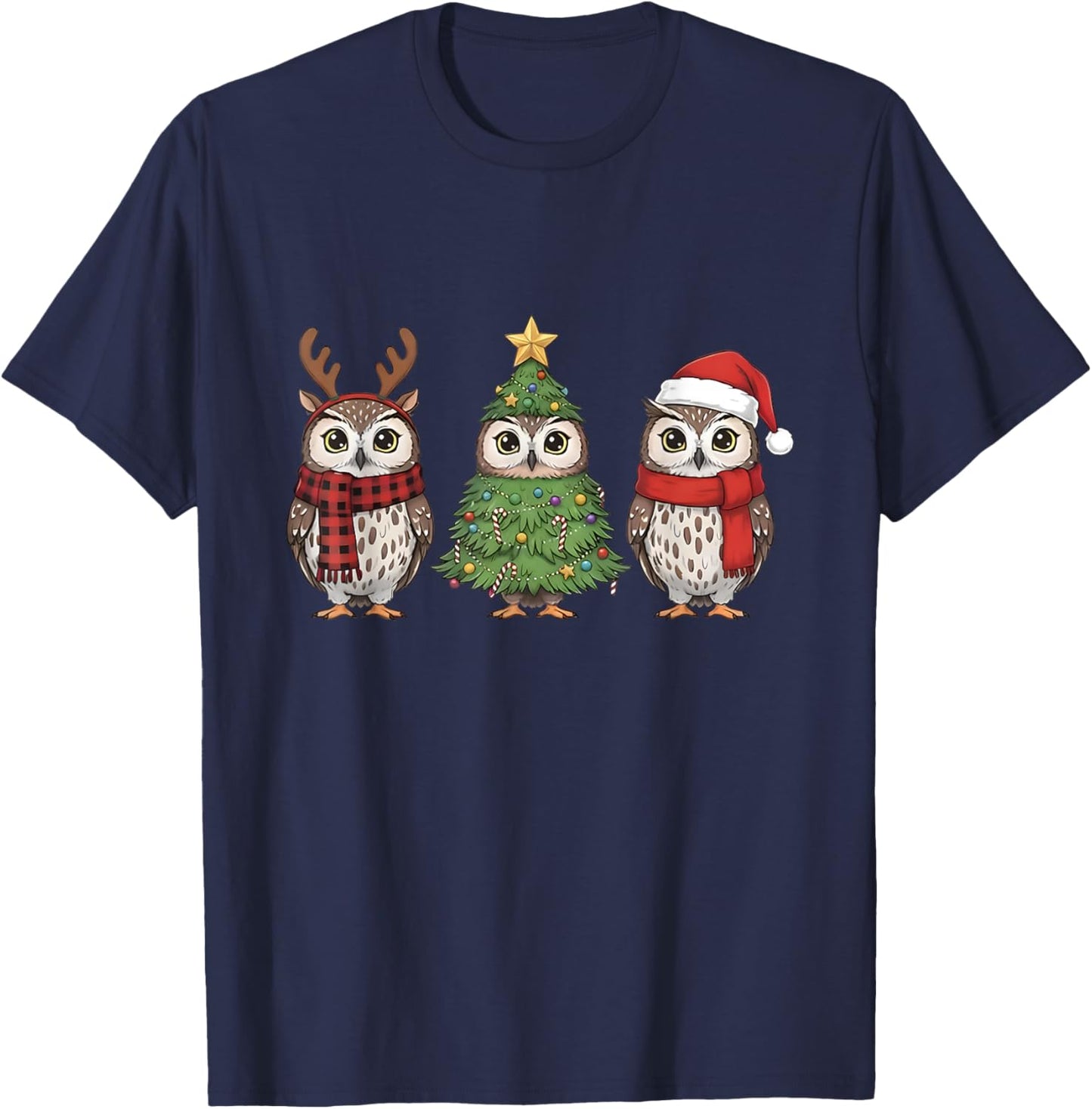 Santa Owl Christmas Tree Owl Lover Animal Xmas Pajama T-Shirt - T-Shirt | Navy