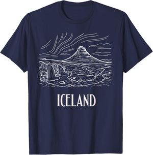 Iceland Retro Art Hiking Aurora Borealis Souvenir T-Shirt - T-Shirt | Navy