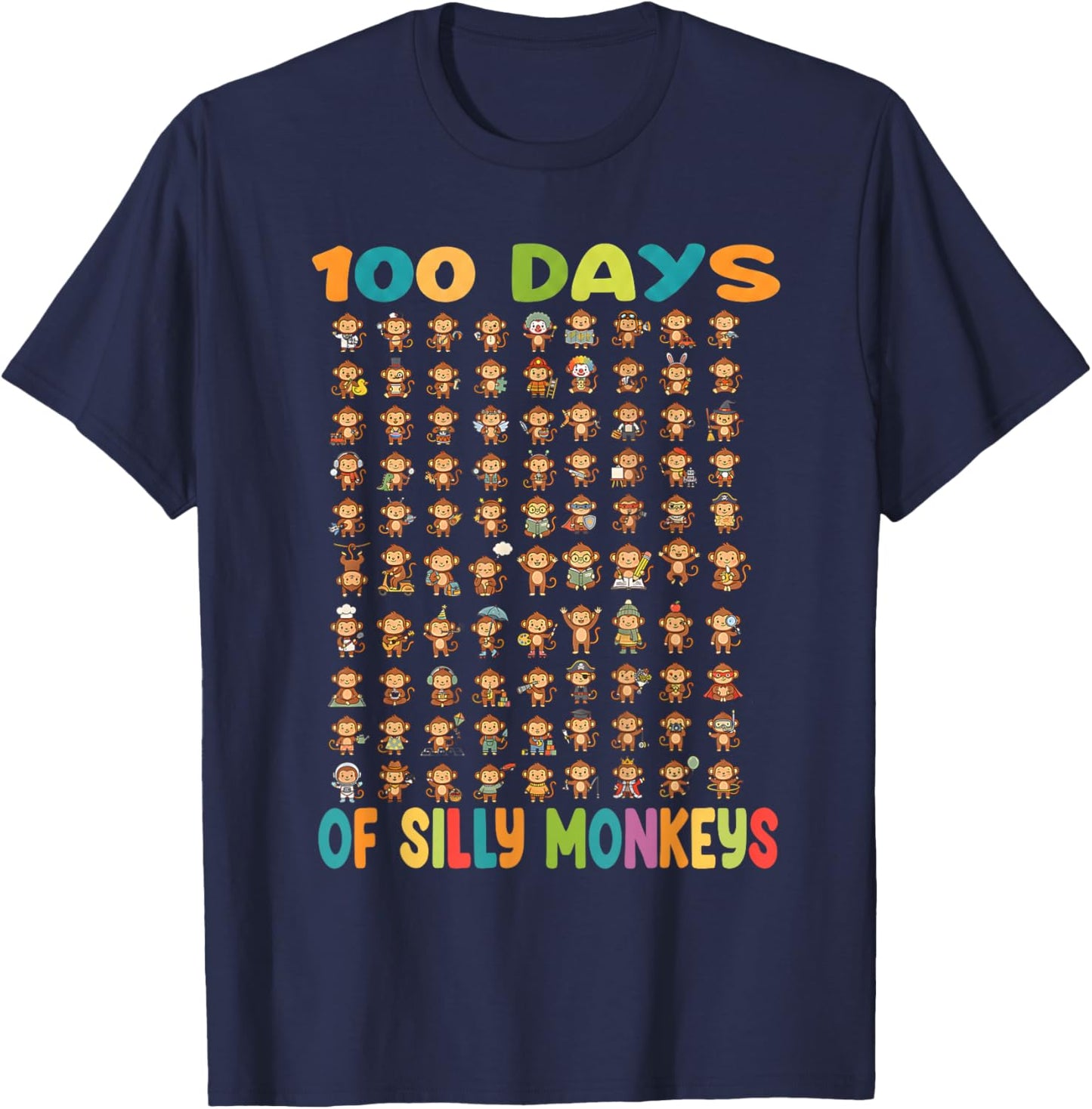 100 Days of Silly Monkeys Funny 100th Day of School Teacher T-Shirt - T-Shirt | Navy