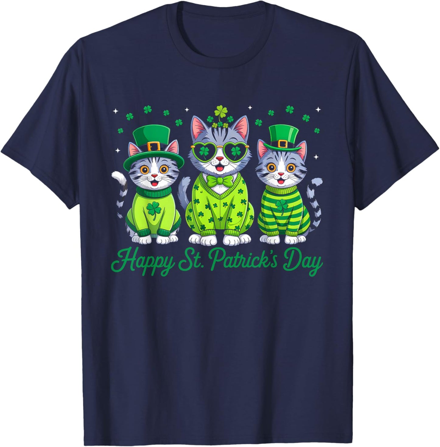 Happy St Patricks Day Cat Irish Lucky Shamrock Cat Lover T-Shirt - T-Shirt | Navy