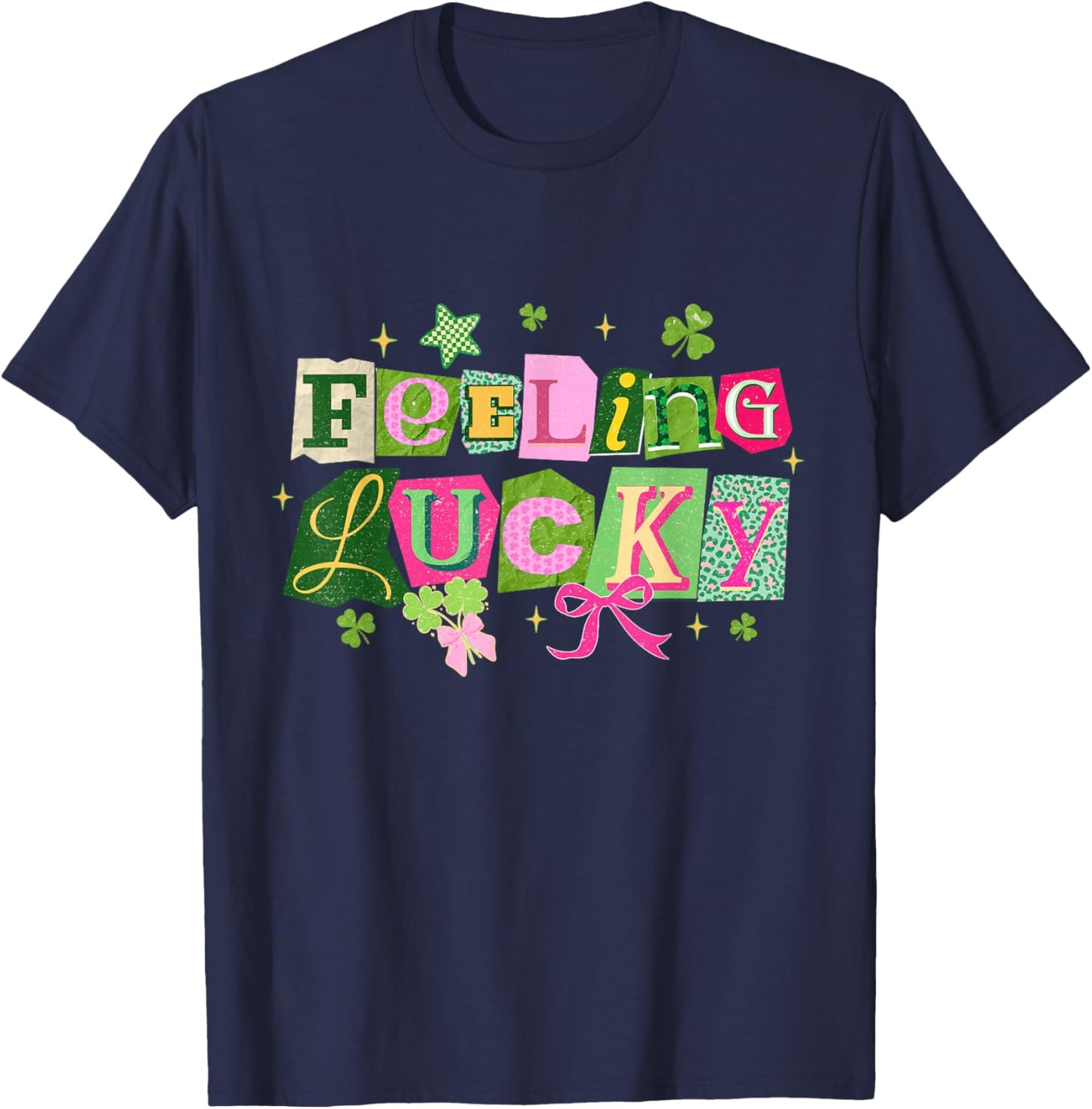 Feeling Lucky Preppy Star Shamrock Bow St Patricks Day T-Shirt - T-Shirt | Navy