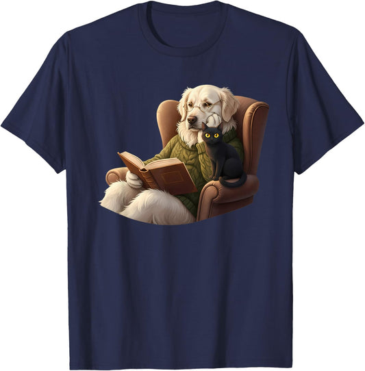 Funny Reading Book English Cream Golden Retriever Cat Puppy T-Shirt - T-Shirt | Navy