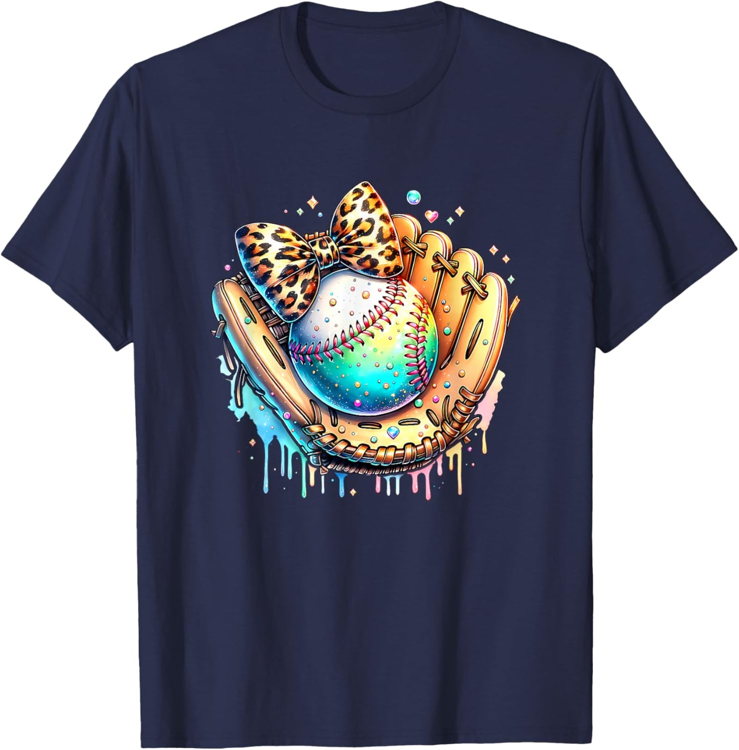 Baseball Drip Ice Cream Leopard Baseball Player Girls T-Shirt - T-Shirt | Navy