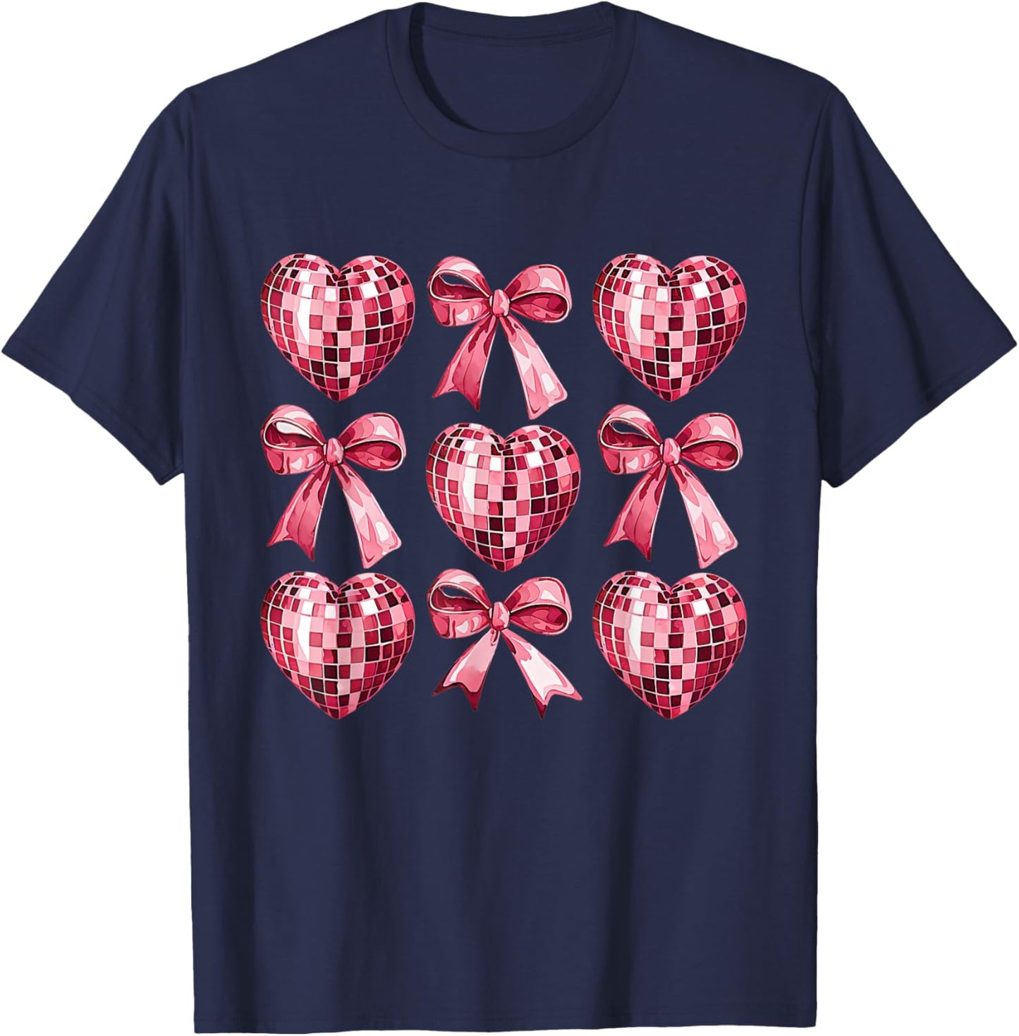 Pink Disco Heart & Bow Retro Valentine Aesthetic Women Teens T-Shirt - T-Shirt | Navy