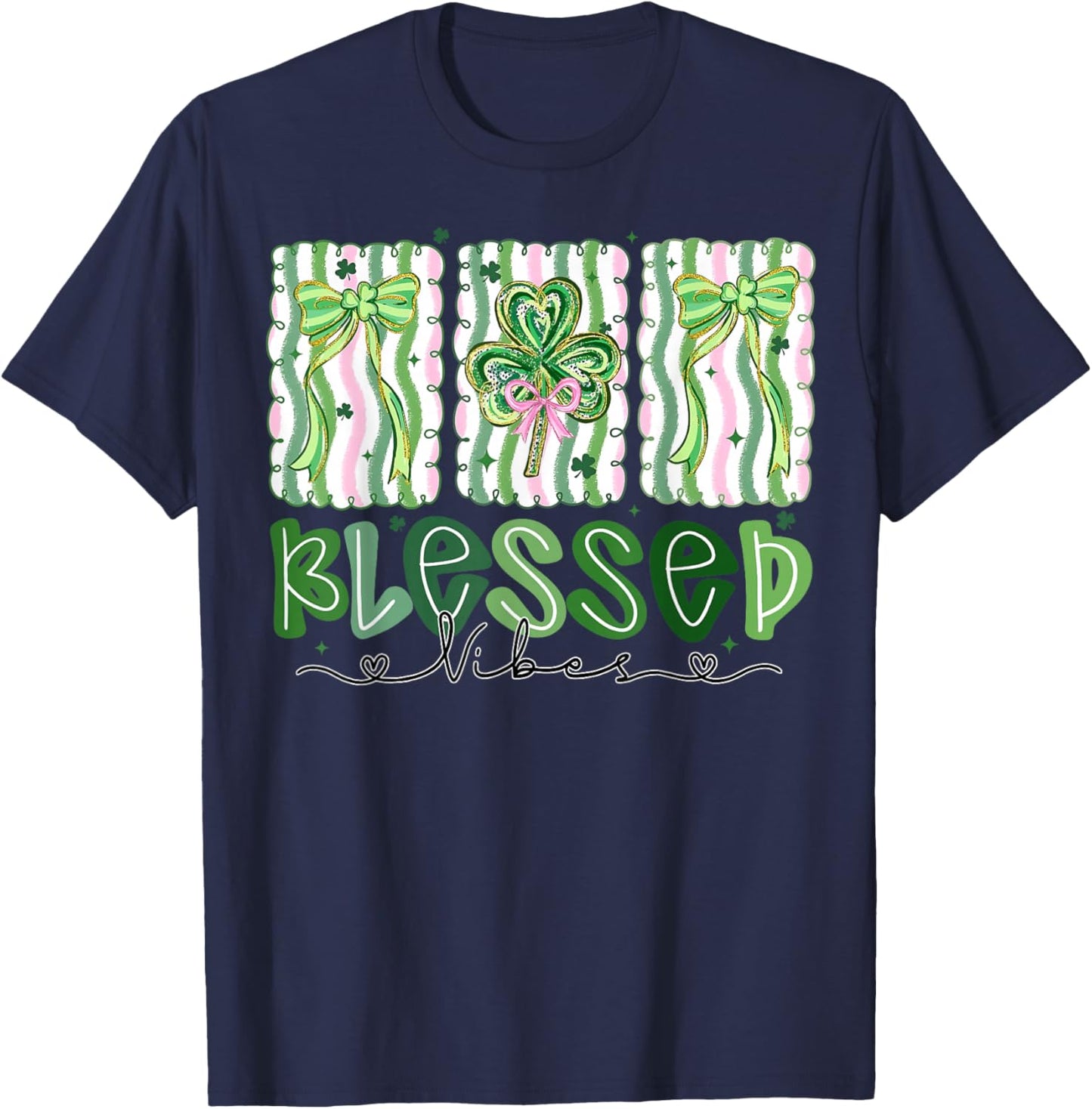 Preppy St Patrick's Day Shamrocks Coquette Bow Blessed Vibes T-Shirt - T-Shirt | Navy