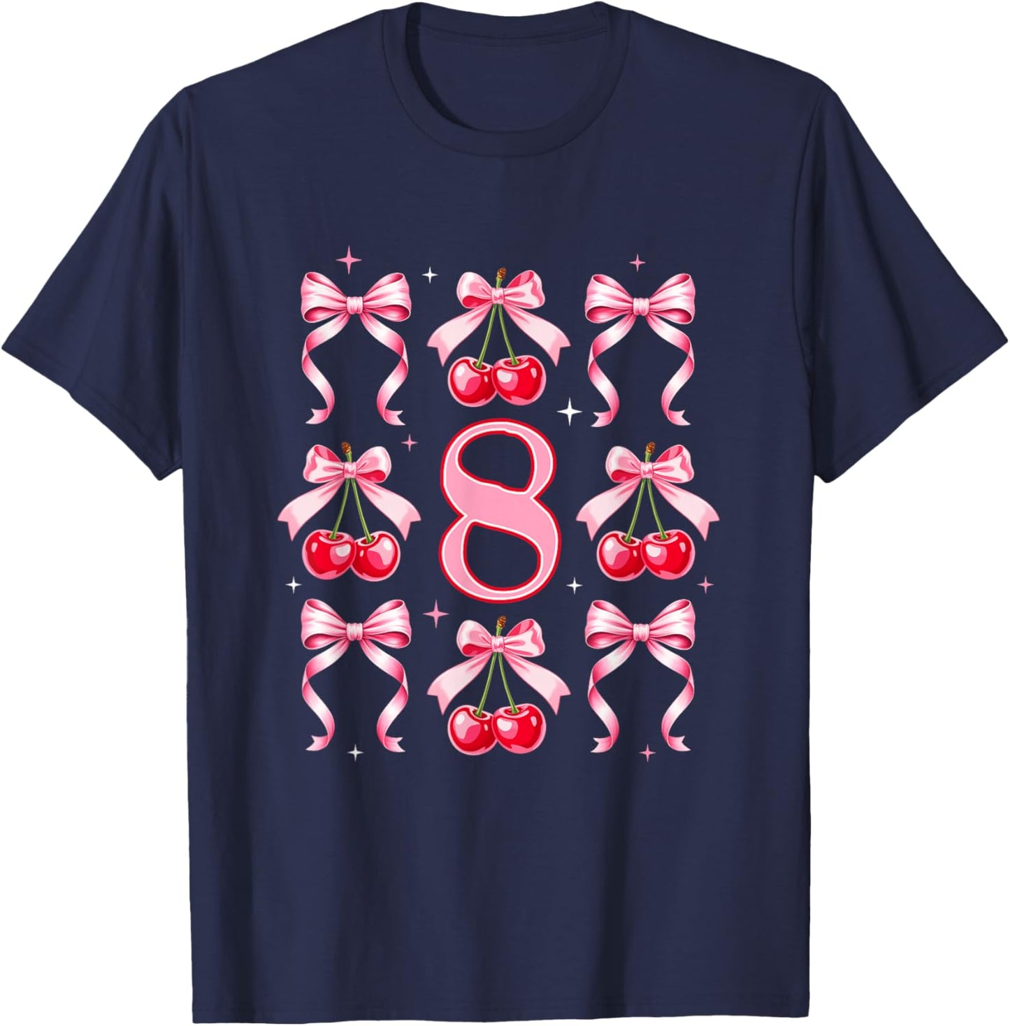 Birthday Girl 8Th Birthday Cherry Coquette Bow 8 Years Old T-Shirt - T-Shirt | Navy