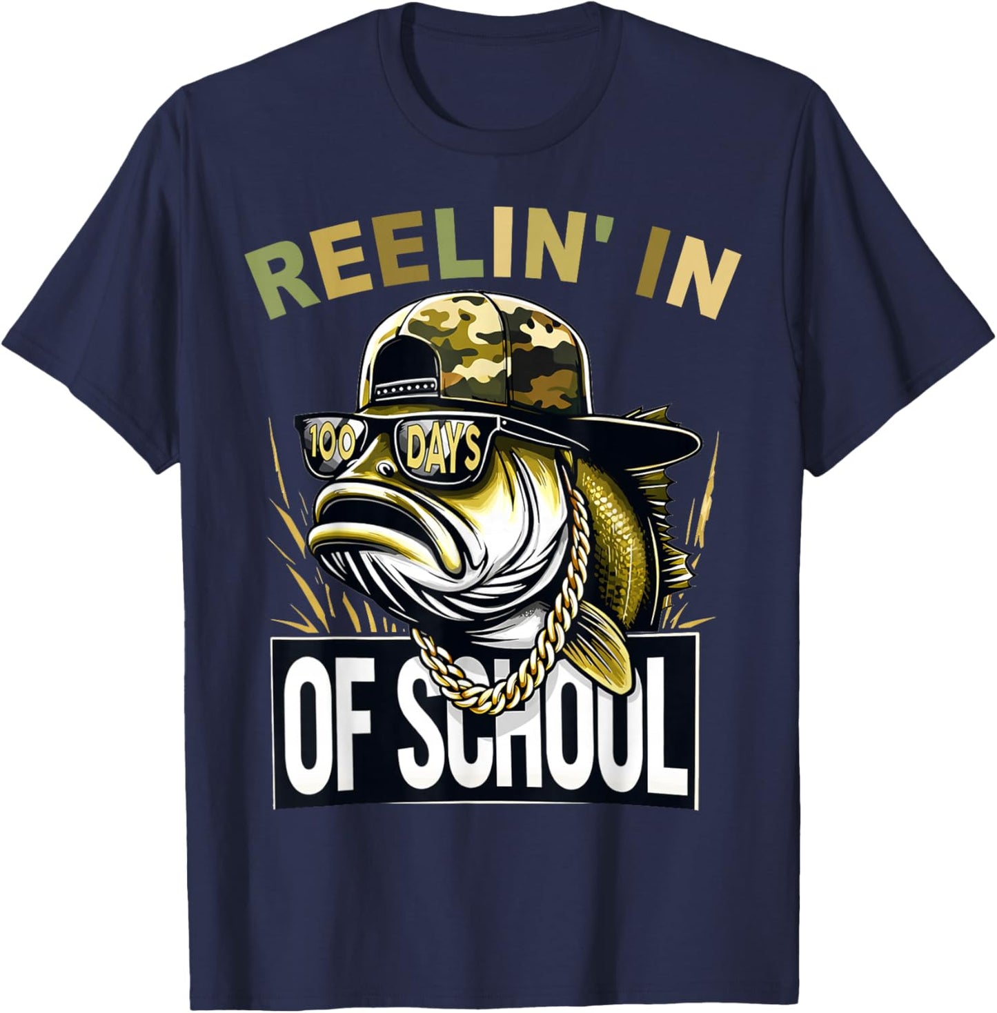 Retro Reelin’ in 100 Days of School Camo Bass Fishing Boys T-Shirt - T-Shirt | Navy