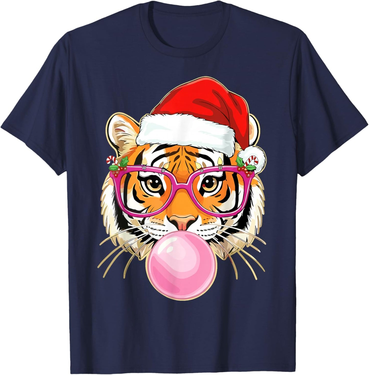 Tiger Christmas Bubble Gum Pink Sunglasses T-Shirt - T-Shirt | Navy