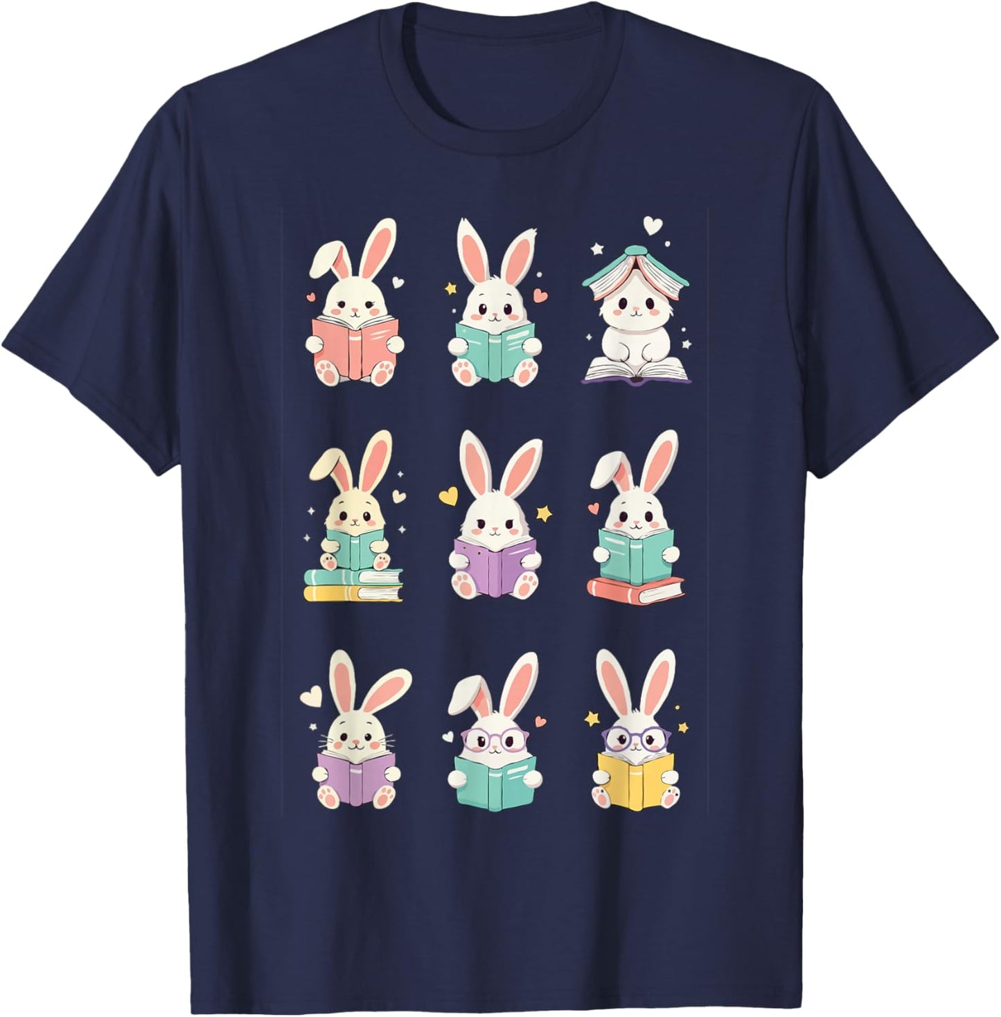 Bunny Reading Books Easter Day Cute Rabbit Librarian Teacher T-Shirt - T-Shirt | Navy